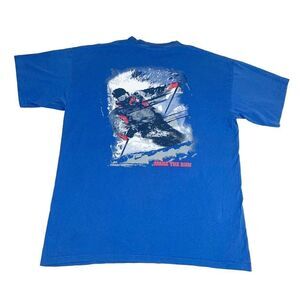 Vintage 90s Ski T-Shirt Blue XL Snowboard Make The Run Snow Single Stitch